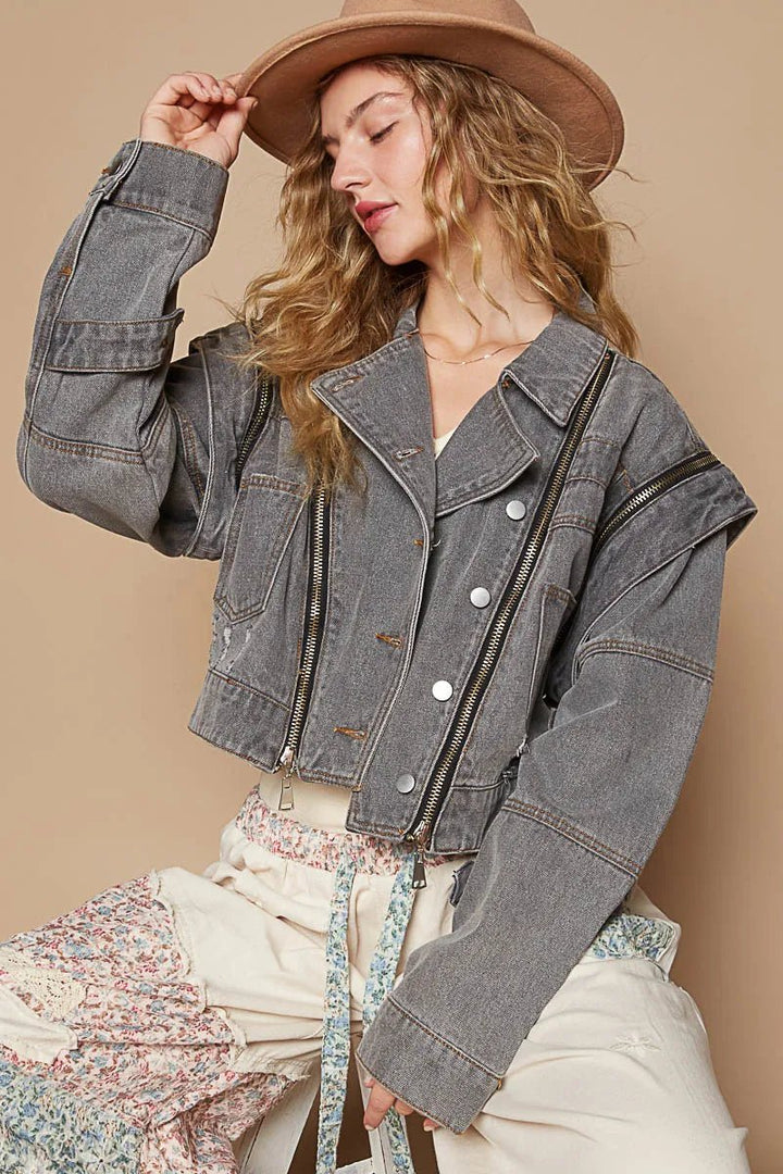 POL Cropped Denim Jacket with Functional Zipper Detail - Rare Leather