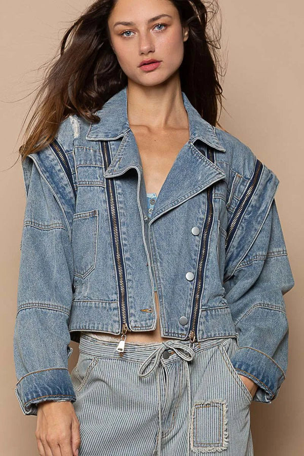 POL Cropped Denim Jacket with Functional Zipper Detail - Rare Leather