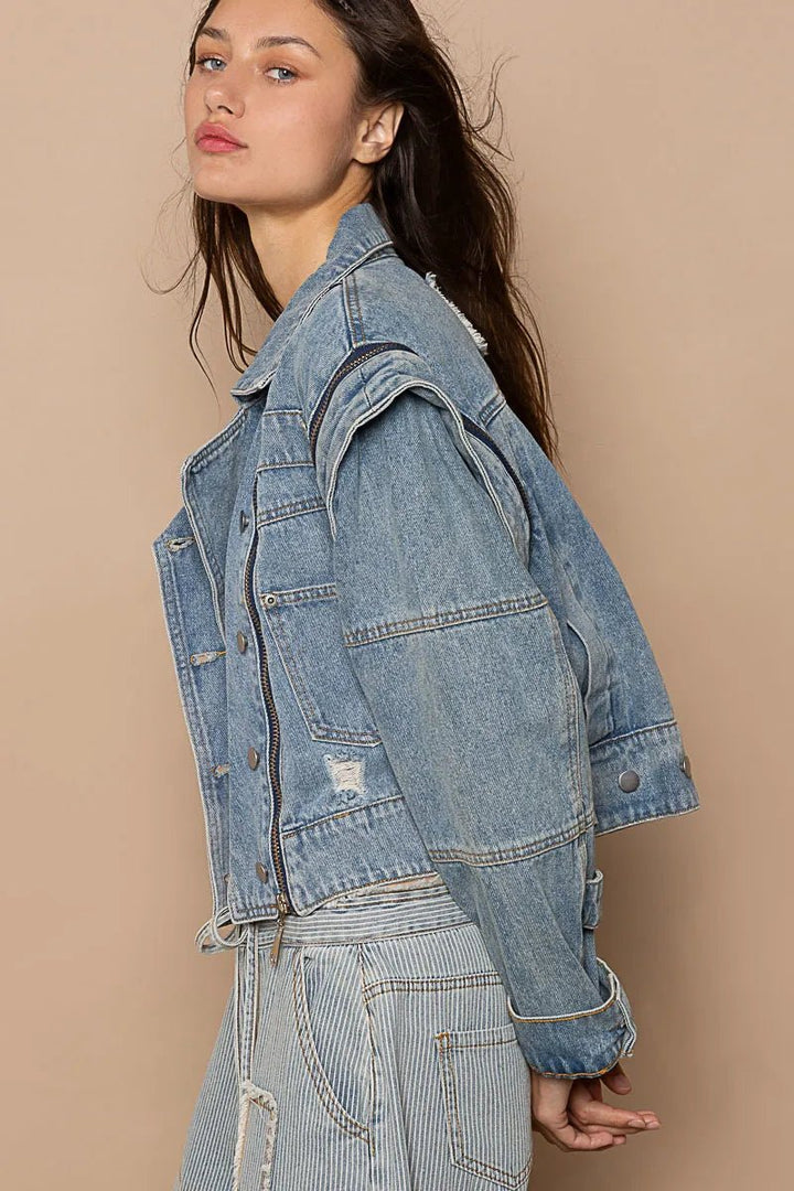 POL Cropped Denim Jacket with Functional Zipper Detail - Rare Leather