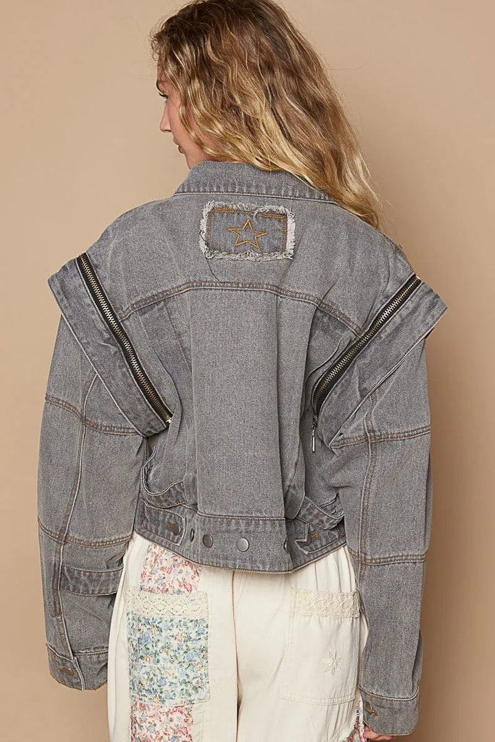 POL Cropped Denim Jacket with Functional Zipper Detail - Rare Leather