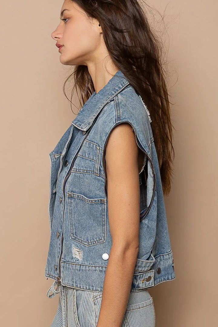 POL Cropped Denim Jacket with Functional Zipper Detail - Rare Leather