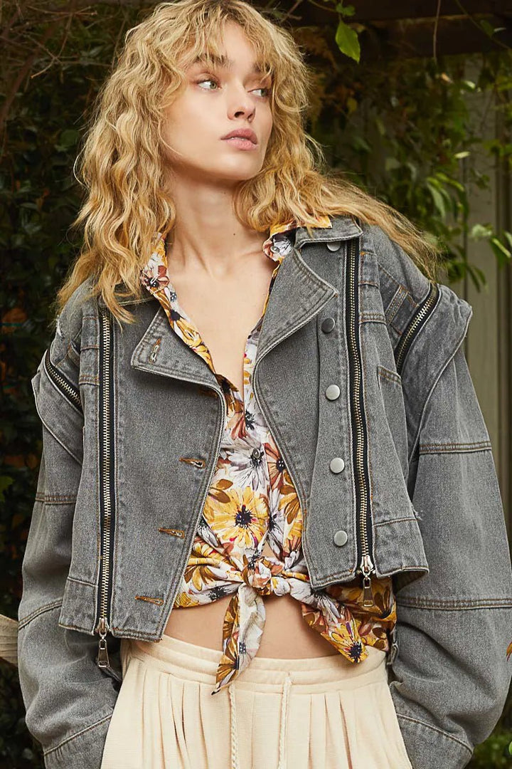 POL Cropped Denim Jacket with Functional Zipper Detail - Rare Leather