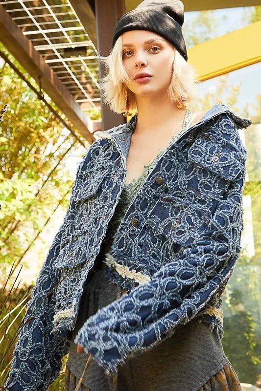 POL Flower Textured Raw Hem Long Sleeve Denim Jacket - Rare Leather