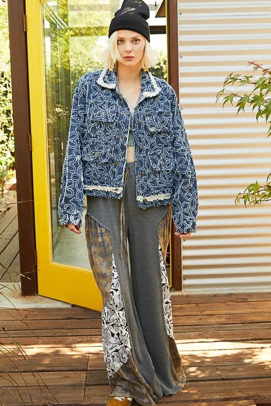 POL Flower Textured Raw Hem Long Sleeve Denim Jacket - Rare Leather