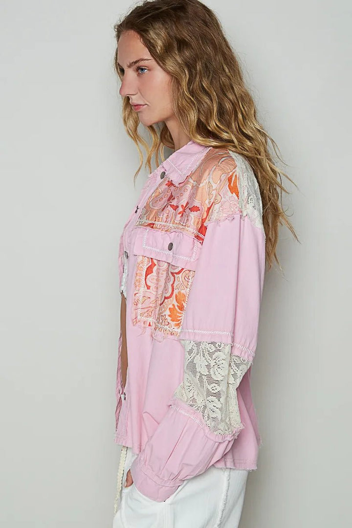 POL Printed Woven Mix Raw Hem Jacket with Lace Detail - Rare Leather