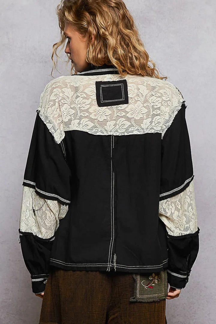 POL Printed Woven Mix Raw Hem Jacket with Lace Detail - Rare Leather
