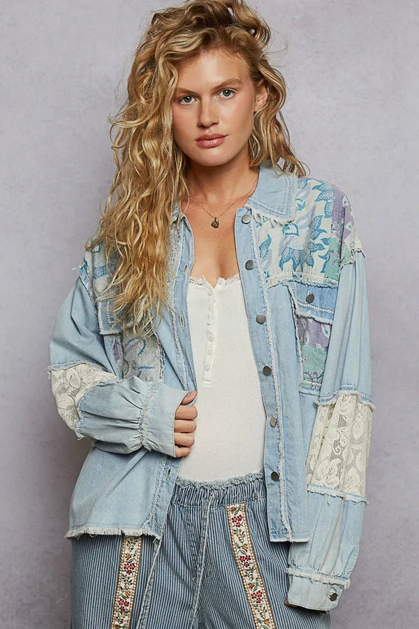 POL Printed Woven Mix Raw Hem Jacket with Lace Detail - Rare Leather