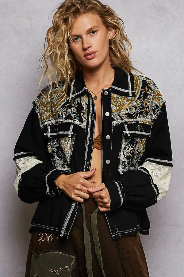POL Printed Woven Mix Raw Hem Jacket with Lace Detail - Rare Leather