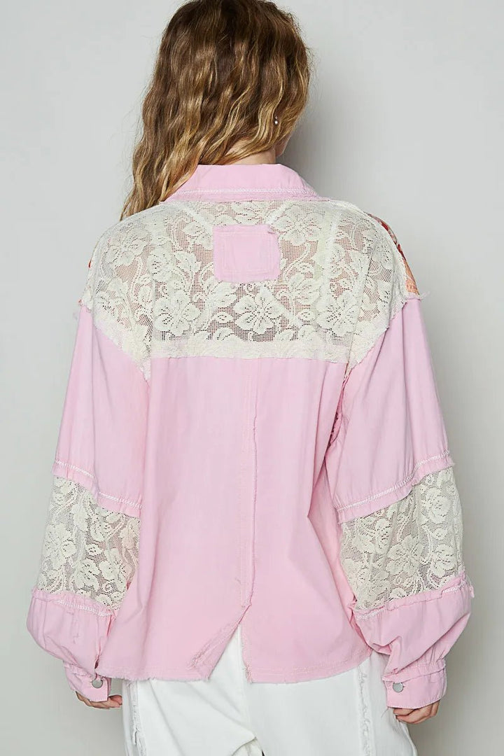 POL Printed Woven Mix Raw Hem Jacket with Lace Detail - Rare Leather