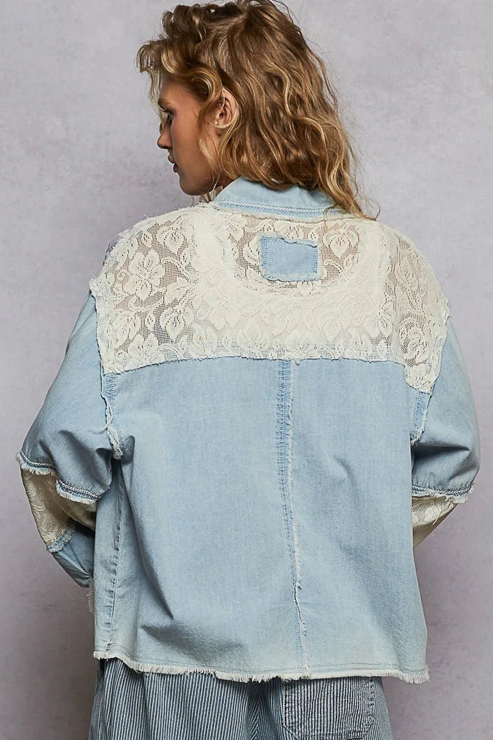POL Printed Woven Mix Raw Hem Jacket with Lace Detail - Rare Leather