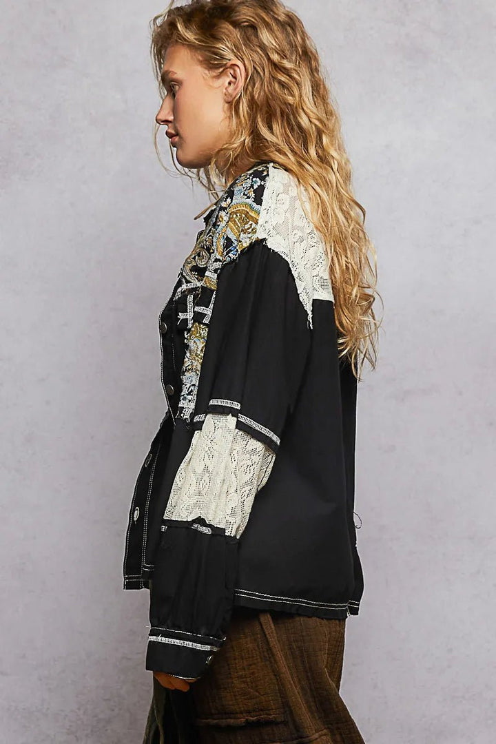 POL Printed Woven Mix Raw Hem Jacket with Lace Detail - Rare Leather