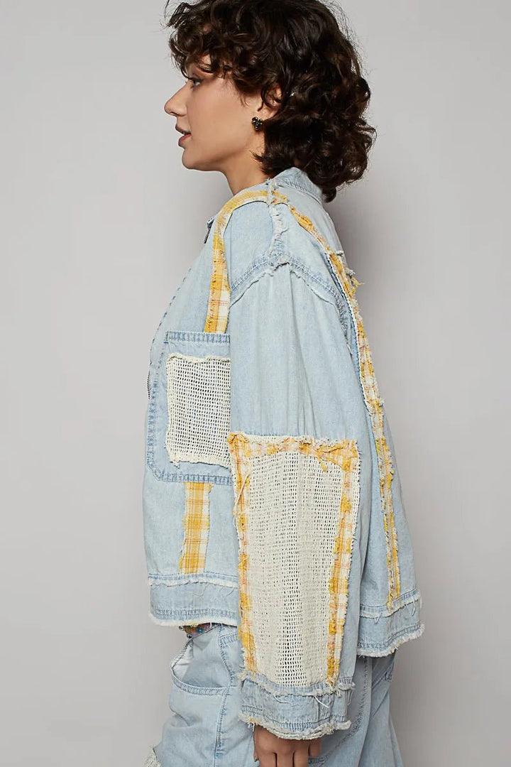 POL Raw Hem Zip Up Denim Jacket with Plaid and Crochet Patch - Rare Leather