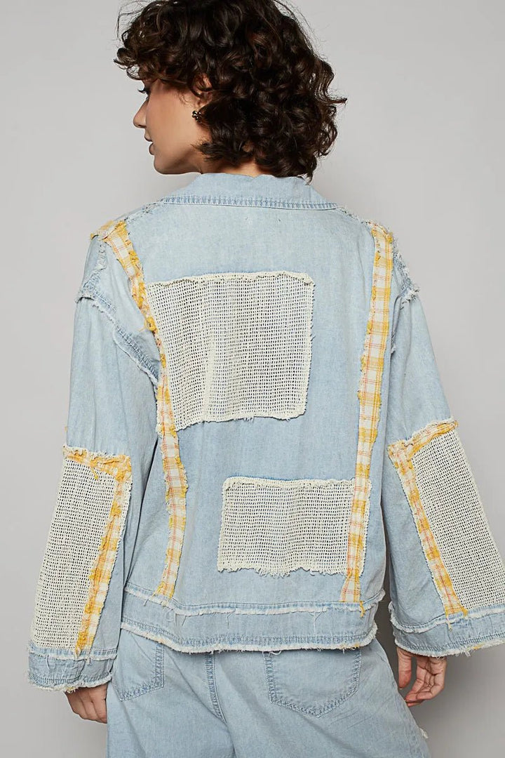 POL Raw Hem Zip Up Denim Jacket with Plaid and Crochet Patch - Rare Leather