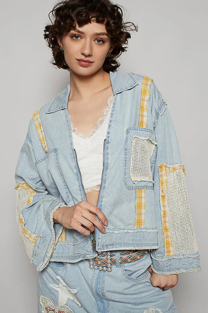 POL Raw Hem Zip Up Denim Jacket with Plaid and Crochet Patch - Rare Leather