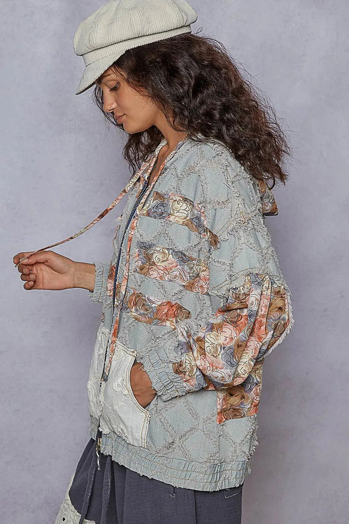 POL Zip Up Floral and Lace Patch Washed Denim Jacket - Rare Leather