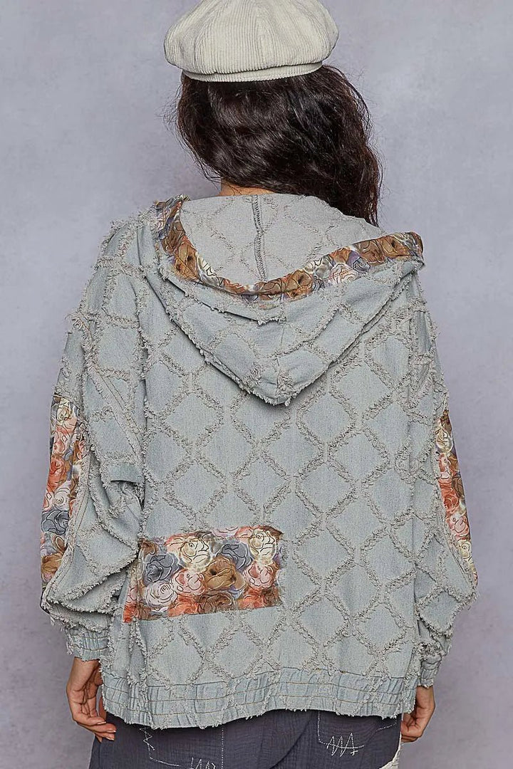POL Zip Up Floral and Lace Patch Washed Denim Jacket - Rare Leather