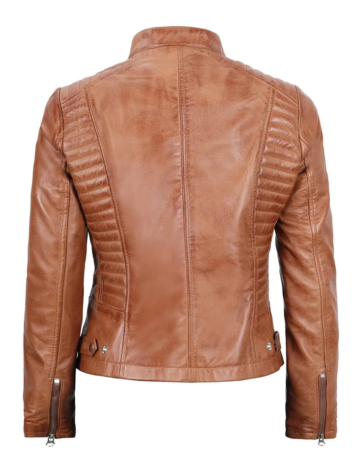 Rachel Womens Tan Cafe Racer Leather Jacket - Rare Leather