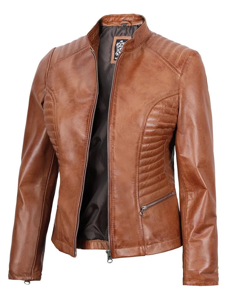 Rachel Womens Tan Cafe Racer Leather Jacket - Rare Leather