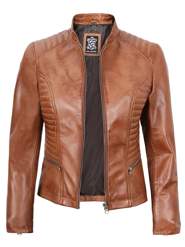 Rachel Womens Tan Cafe Racer Leather Jacket - Rare Leather