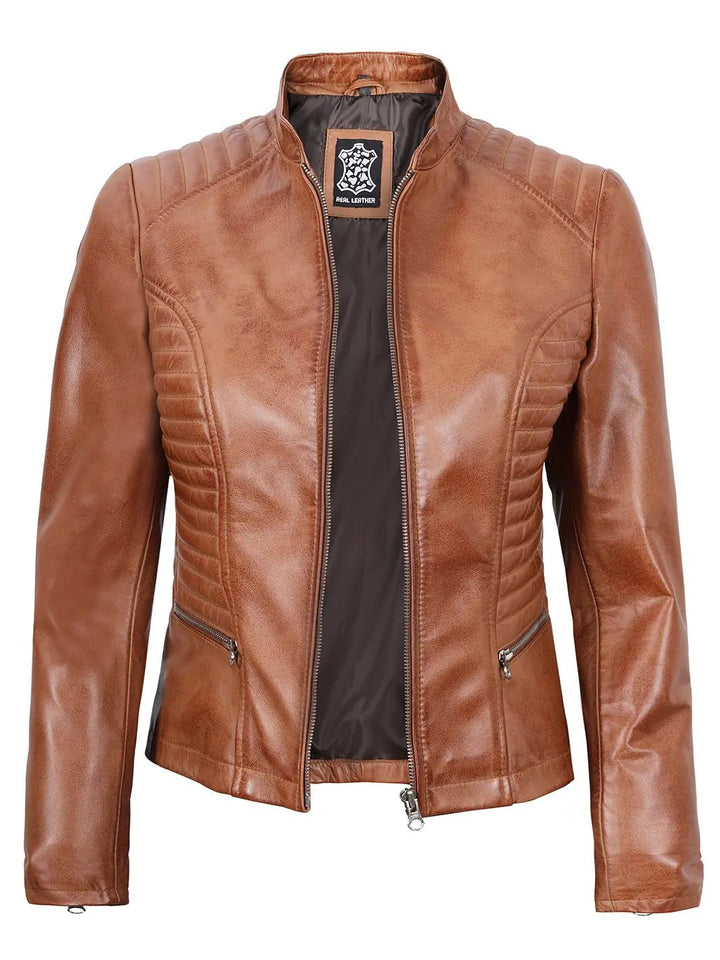 Rachel Womens Tan Cafe Racer Leather Jacket - Rare Leather