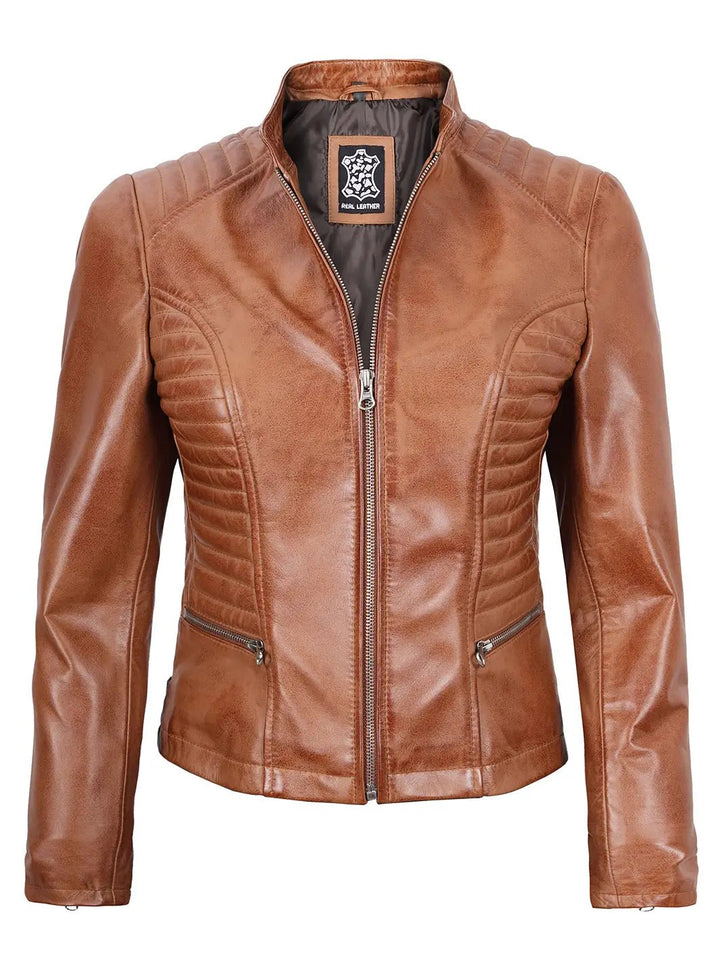 Rachel Womens Tan Cafe Racer Leather Jacket - Rare Leather
