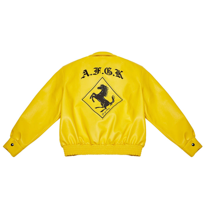 Yellow jacket with A.F.G.K logo on a white background