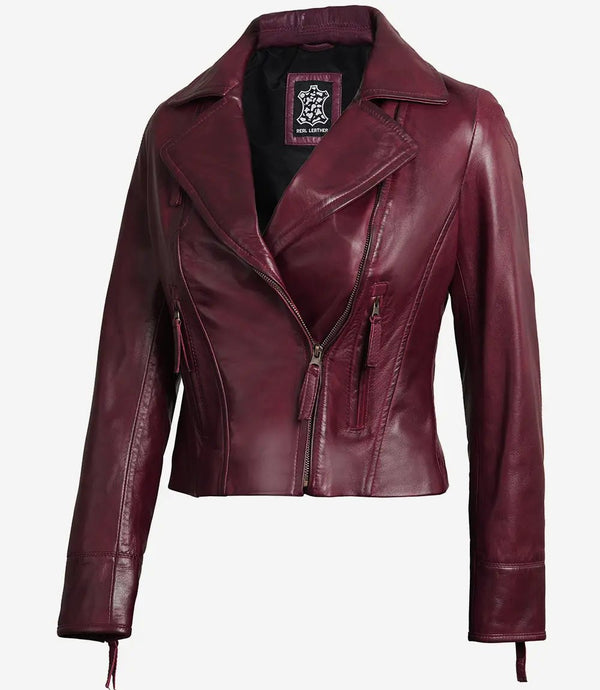 Ramsey Women's Burgundy Asymmetrical Leather Moto Jacket - Rare Leather