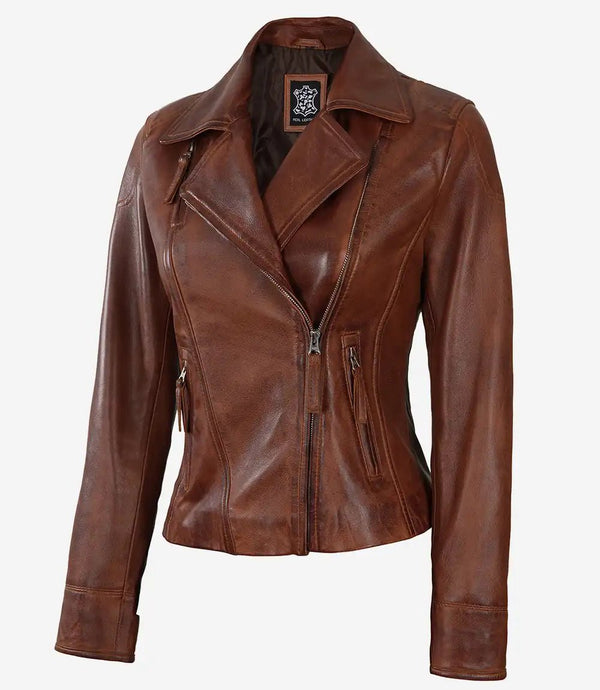 Ramsey Women's Cognac Brown Asymmetrical Leather Jacket - Rare Leather