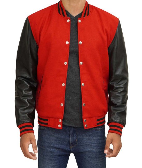 Red Varsity Jacket With Black Leather Sleeves - Rare Leather