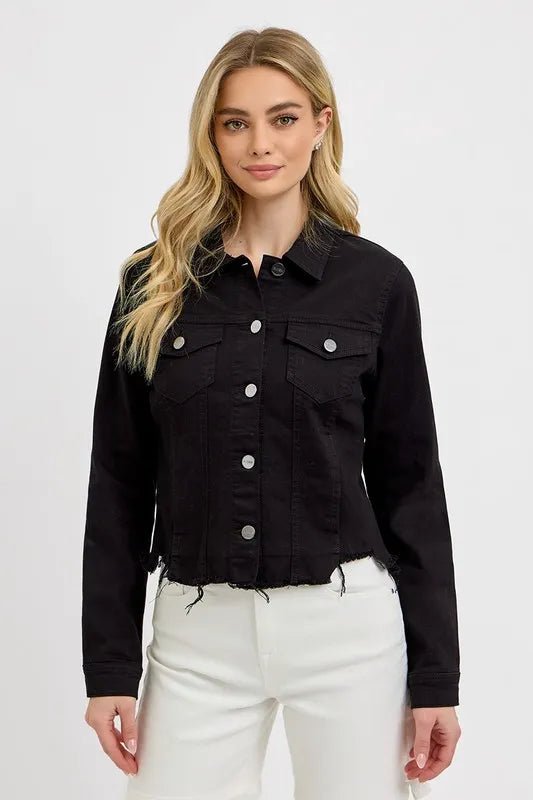 RISEN Full Size Irregular Fray Hem Button Up Denim Jacket Plus Size - Rare Leather