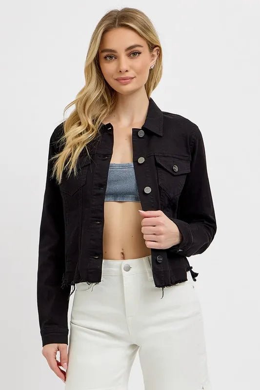 RISEN Full Size Irregular Fray Hem Button Up Denim Jacket Plus Size - Rare Leather