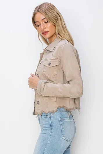 RISEN Full Size Raw Hem Button Up Cropped Denim Jacket Plus Size - Rare Leather