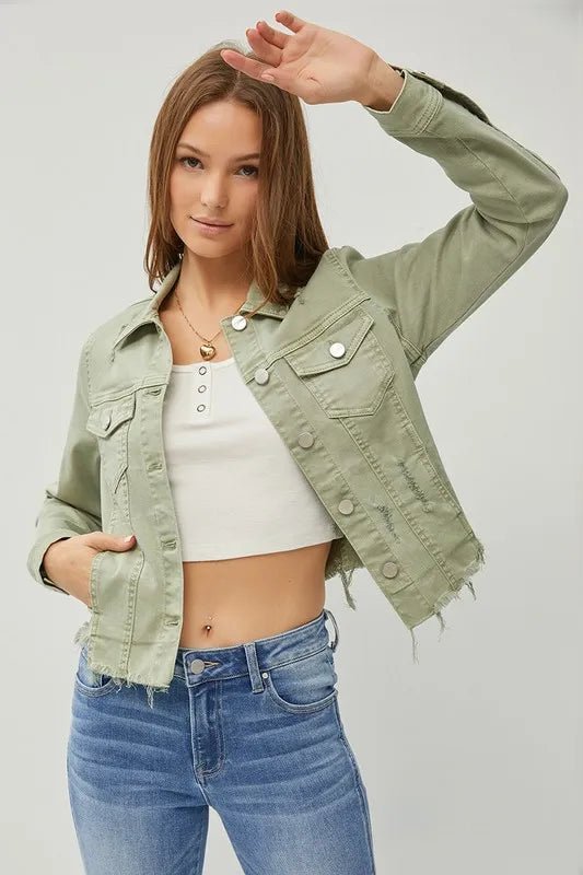 RISEN Full Size Raw Hem Button Up Cropped Denim Jacket Plus Size - Rare Leather