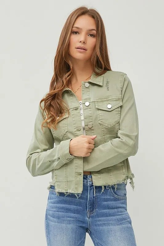 RISEN Full Size Raw Hem Button Up Cropped Denim Jacket Plus Size - Rare Leather