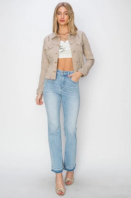 RISEN Full Size Raw Hem Button Up Cropped Denim Jacket Plus Size - Rare Leather