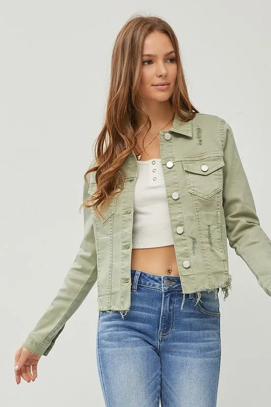 RISEN Full Size Raw Hem Button Up Cropped Denim Jacket Plus Size - Rare Leather