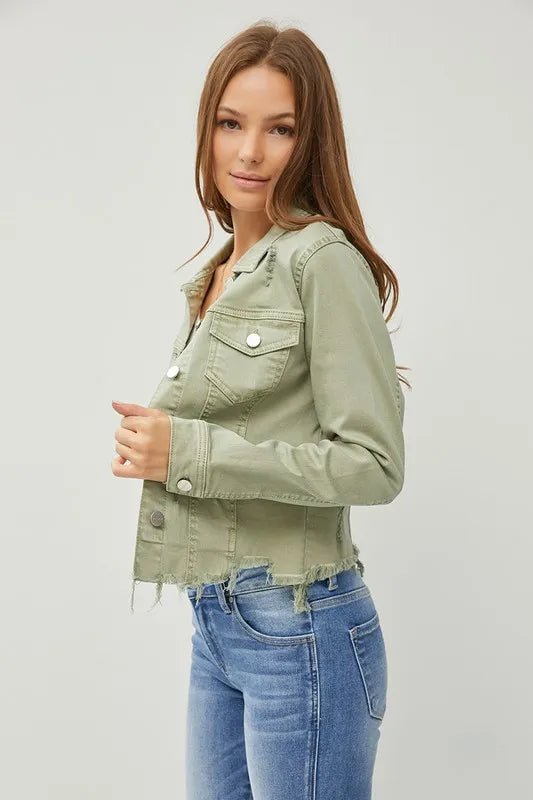 RISEN Full Size Raw Hem Button Up Cropped Denim Jacket Plus Size - Rare Leather