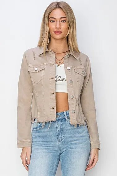 RISEN Full Size Raw Hem Button Up Cropped Denim Jacket Plus Size - Rare Leather