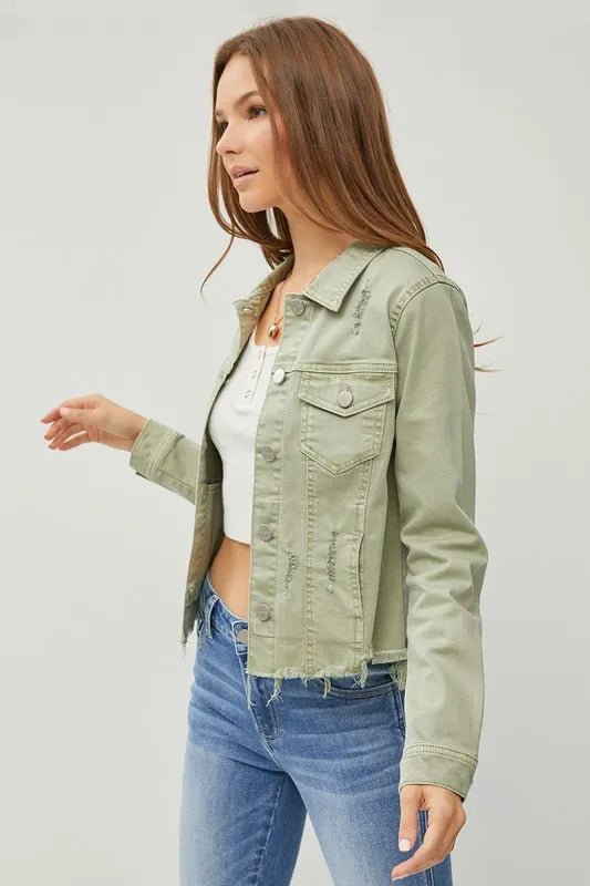 RISEN Full Size Raw Hem Button Up Cropped Denim Jacket Plus Size - Rare Leather