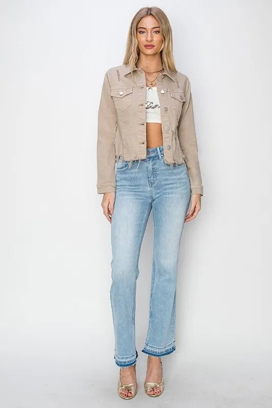 RISEN Full Size Raw Hem Button Up Cropped Denim Jacket Plus Size - Rare Leather