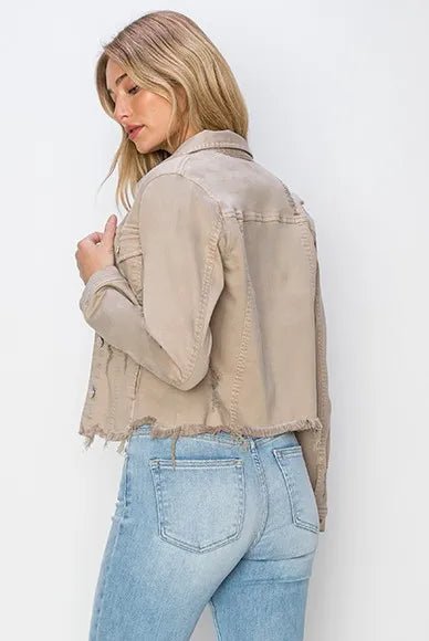 RISEN Full Size Raw Hem Button Up Cropped Denim Jacket Plus Size - Rare Leather