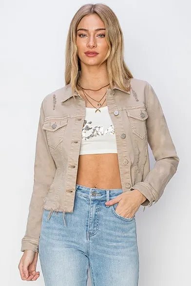 RISEN Full Size Raw Hem Button Up Cropped Denim Jacket Plus Size - Rare Leather