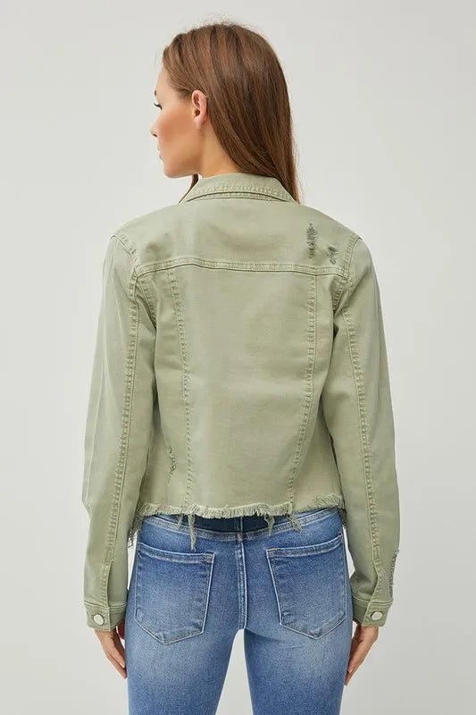 RISEN Full Size Raw Hem Button Up Cropped Denim Jacket Plus Size - Rare Leather