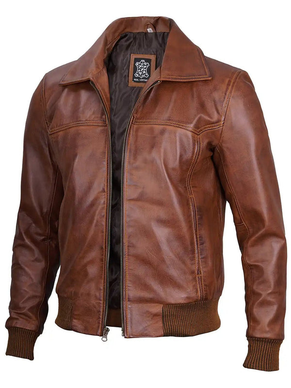 Steven Men's Distressed Brown Bomber Leather Jacket - Rare Leather
