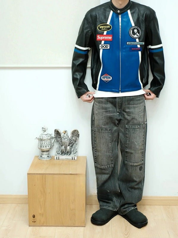 Supreme Blue Leather Vintage Racing Jacket - Rare Leather Order Now !!