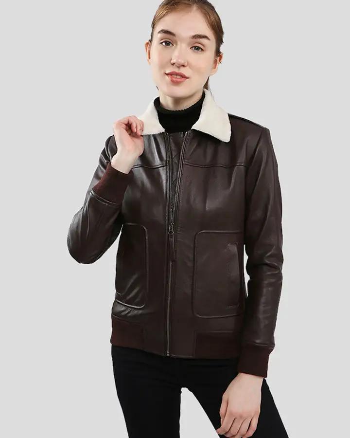 Thalia Brown Bomber Leather Jacket with Fur - Rare Leather