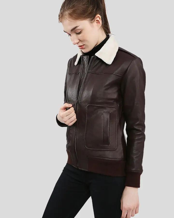Thalia Brown Bomber Leather Jacket with Fur - Rare Leather