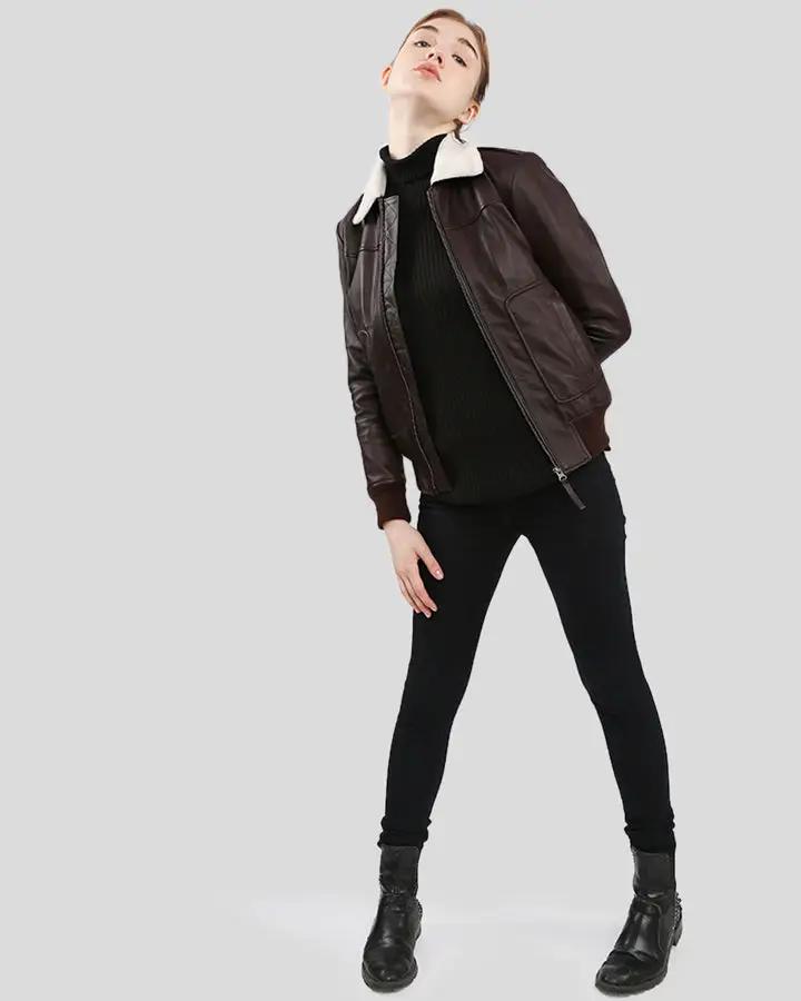 Thalia Brown Bomber Leather Jacket with Fur - Rare Leather