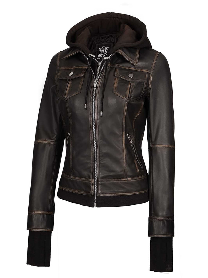 Tralee Women Dark Brown Bomber Leather Jacket With Removable Hood - Rare Leather