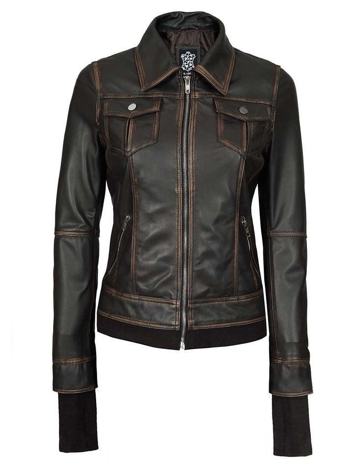 Tralee Women Dark Brown Bomber Leather Jacket With Removable Hood - Rare Leather